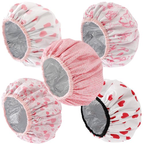 QFE 5PCS Shower Caps for Women Reusable Waterproof Long Hair Cap Shower Products Large Plastic Cover Flexi Bathing Accessories Travel Women's to Keep Dry Prevent Cooking Oil Fumes Washable, Pink 5PCS