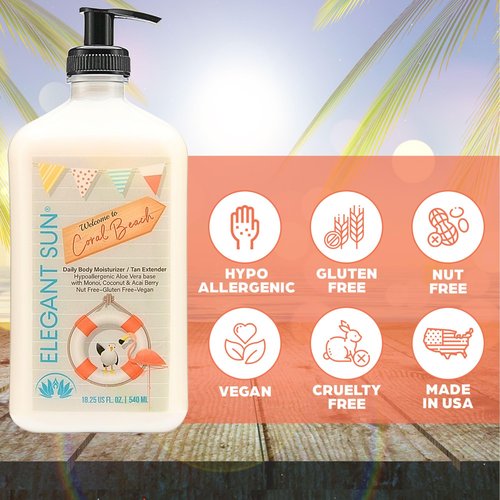 Elegant Sun Coral Beach Daily Moisturizer, Tan Extender Lotion, for After Sun or Tanning Bed, Aloe Vera base, Hypoallergenic, Sensitive Skin, Great for Men and Women, Unisex Fresh Scent