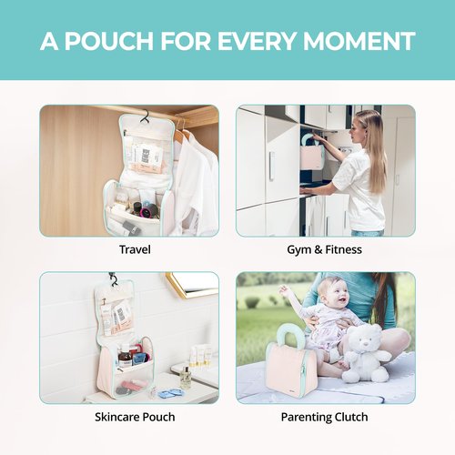 Sylune Tuck Hanging Toiletry Bag - Water-Resistant Travel Makeup Organizer with Spacious Compartments & Padded Handle for Women (Blush Petal & Mint) (Tuck Hanging Toiletry Bag)