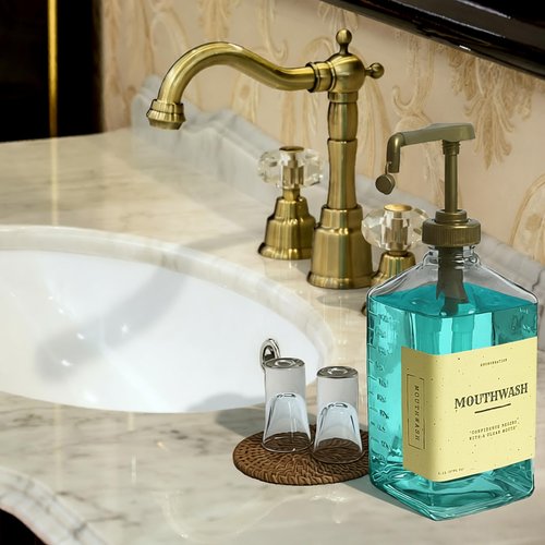 eBun Goldengleam Glass Mouthwash Dispenser (Gold Plastic Pump) 37oz Mouthwash Pump Dispenser, Mouth Wash Holder with Rinse Cup, Mouth Wash Glass Bottle, Decanter, Large Bottle for Bathroom Set