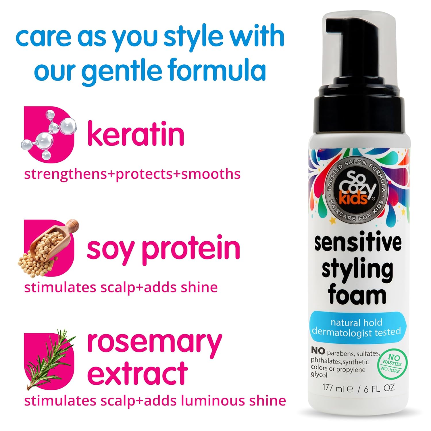 SoCozy Kids Sensitive Styling Foam - Gentle Hold Foam for Straight or Curly Hair | Rosemary Scent (6 fl oz)