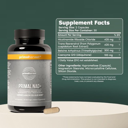 Primal Harvest NAD+ Supplement - Cellular Health & Energy Support with Nicotinamide Riboside (60 Count)