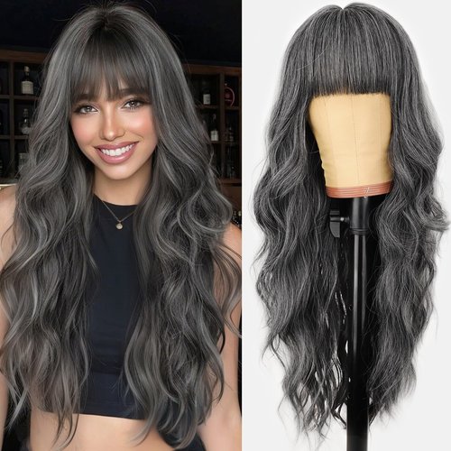 AISI HAIR 【Beginner Friendly Wigs Gray and white Wig with Bangs Long Wavy Synthetic Wig for Women with Daily Party Use