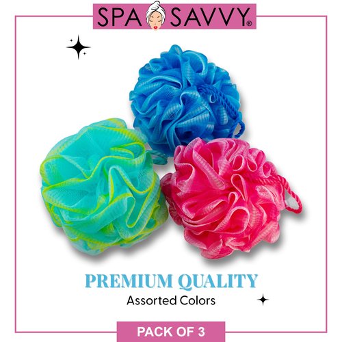 Spa Savvy Bath Loofah Set, 3 Pack Shower Pouf Body Sponges with Suction Cups, Exfoliating Bath Accessories for Men and Women, Multicolor