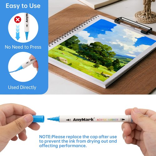 AnyMark 24 Colors Acrylic Paint Markers, Dual Tip Acrylic Paint Pens with Dot & Fine Tip, Premium Paint Markers for Coloring, Canvas, wood, Stone, Rock Painting, Glass