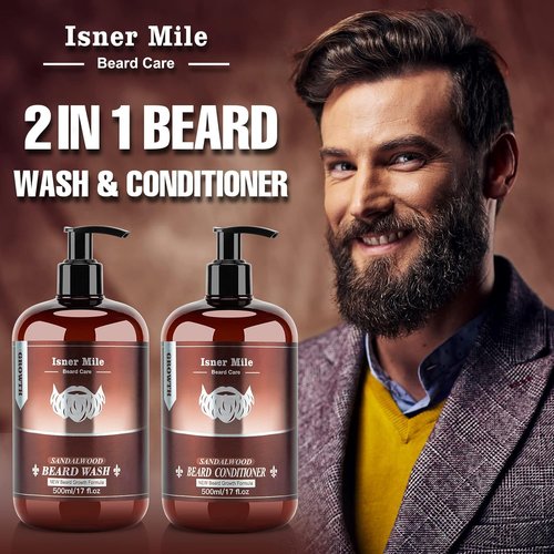 ISNER MILE Beard Wash & Conditioner Set - 17 oz Biotin, Argan & Jojoba Oil Shampoo for Soft, Strong Beard - Sandalwood Scented Grooming Gift