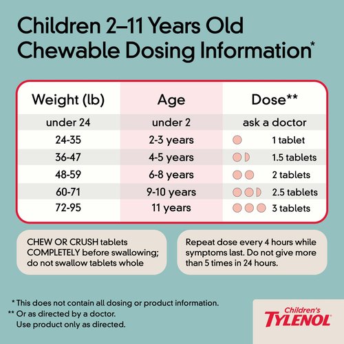 Children's Tylenol Dye-Free Chewables, 160 mg Acetaminophen Pain Reliever & Fever Reducer for Kids' Cold + Flu Symptoms, Headache, Sore Throat & Toothache, Aspirin-Free, Wild Berry, 24 ct