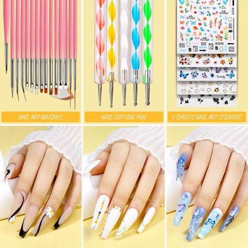 Teenitor Press On Nail Kit - Clear Coffin Nail Tips, Art Brushes, Dotting Pen, Glitter, Stickers & Rhinestones