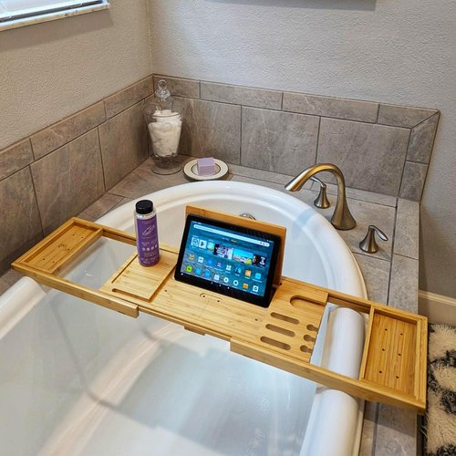 Bathtub Tray - Luxury Bamboo Bathtub Tray for Bath Accessories, Expandable Bath Caddy with Wine Glass Holder, for Her, Anniversary, Spa and Relaxation