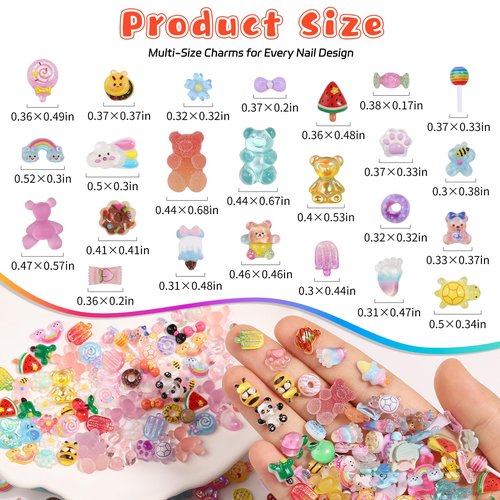Kikonoke 300PCS Kawaii Nail Charms Kit, 3D Animal & Candy Resin Charms for Acrylic Nails, Cute Bear Bee Fruit Nail Art Supplies with Tweezers for DIY Crafts & Shoe Decor