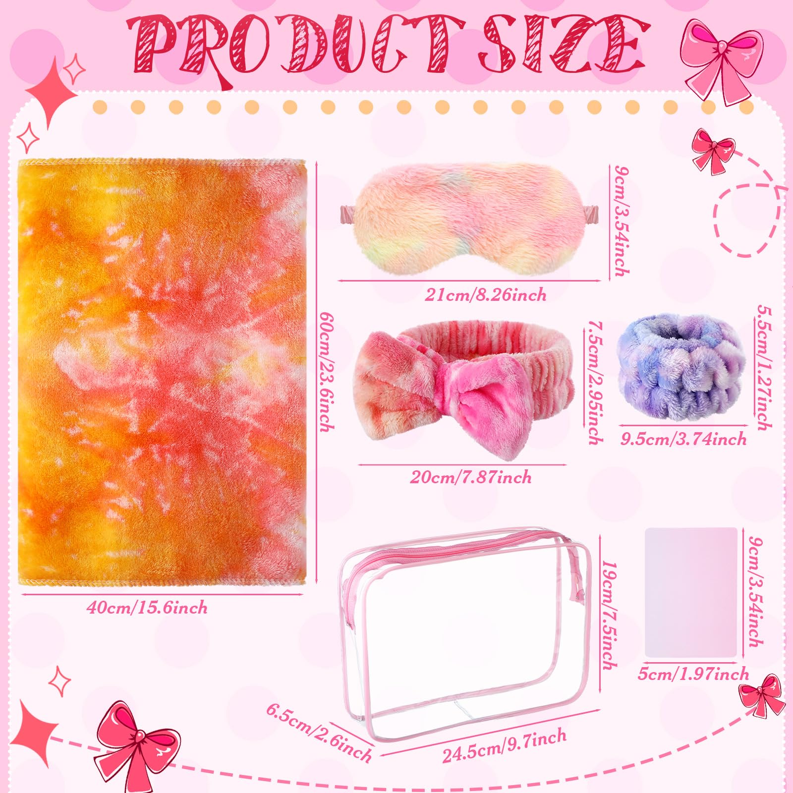 Wavwavw 48 Pcs Spa Party Favors Sleepover Party Supplies for Women Slumber Supplies Eye Mask Makeup Headband Hair Scrunchies Toiletry Bag Towels Greeting Cards Wristband(Multicolor,Tie Dye)