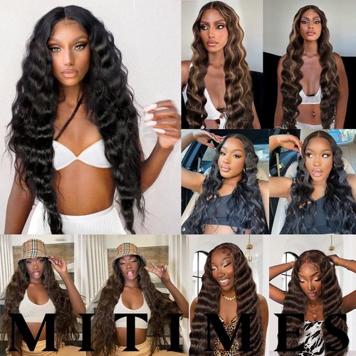 MITIMES 30inch HD Crimp Curly Lace Front Wig for Black Women Pre Plucked Human Hair Blended Synthetic Butter Loose Deep Wave Lace Frontal Curly Wigs(30Inch, Black)