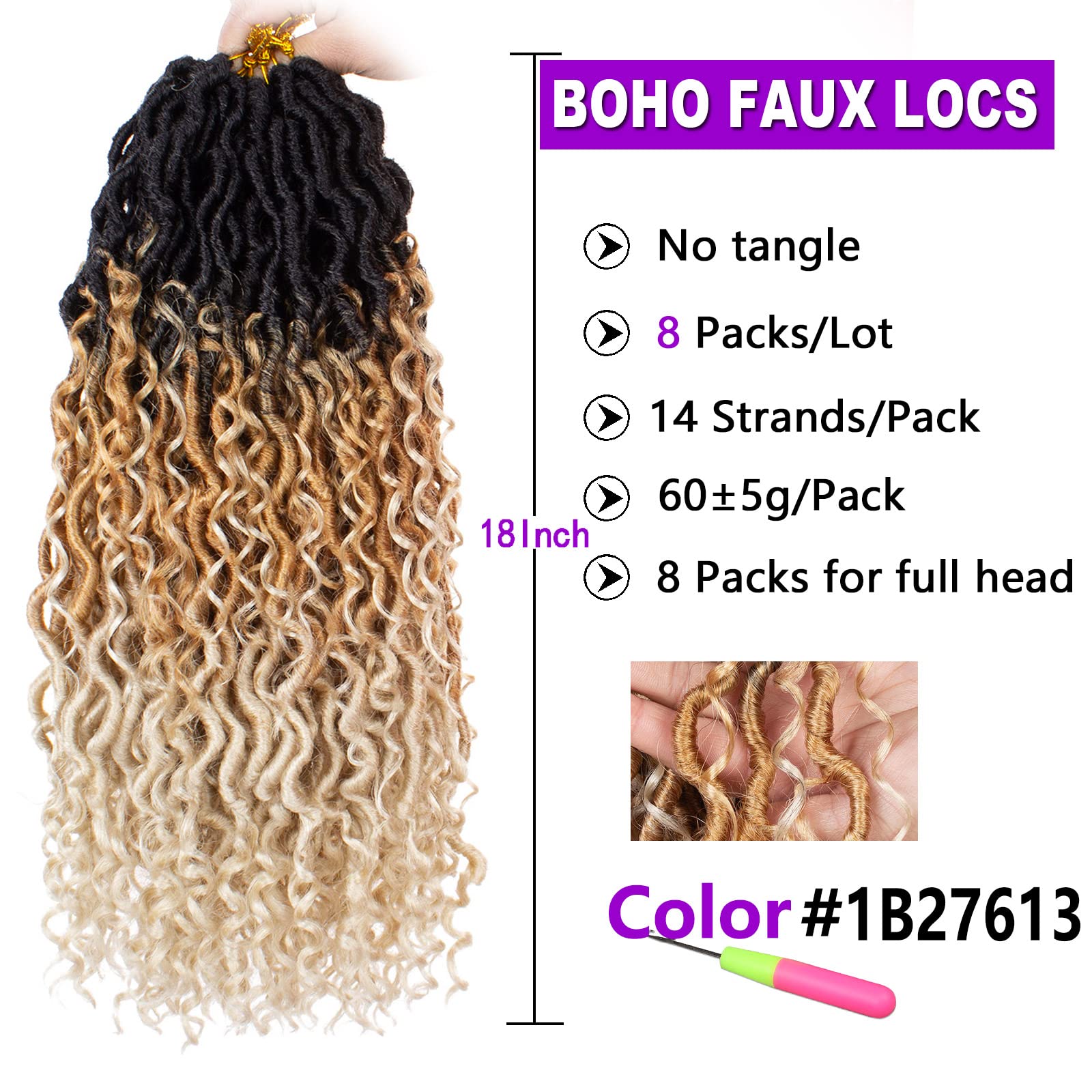 ZRQ 8 Packs Goddess Locs Crochet Hair 18 Inch Ombre Boho Faux Locs Crochet Braids 613, 3 Tone Pre Looped Bohemian Locs River Soft Locs Crochet Hair Synthetic Boho Faux Locs 1B27613#
