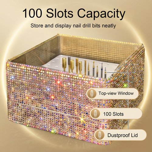 CORFULRA Nail Drill Bits Holder, Nail Organizer Box for Nail Drill Bits, Large Space of Container Case for Drill Bits, 100 Holes Dustproof Displayer Box of Nail Supplies for Nail Tach, Diamond