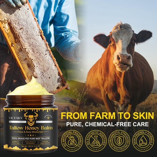 Tallow and Honey Balm for Face - Beef Tallow for Skin - 100% Organic Grass-Fed Beef Tallow & Raw Wild Honey -Moisturizing Cream for Soft, Smooth Skin- Light Scent, Moisturizing Natural Formula, 4.0 Oz
