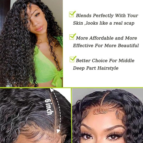 2x6 Kinky Curly Lace Closure 100% Unprocessed Human Hair 10a Remy Closure Pre-Plucked Hairline Wet And Wavy Curly Closure Deep Middle Part With Baby Hair For Women 18 Inch