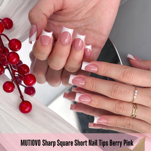 MUTIOVO White French Tip Short Straight Square Nail Tips Press on, BERRY PINK Extra Thick NEED Soft Gel Nail Extension, Need Builder gel & Top,Coat Full Cover False Nails, for DIY x 15 Sizes 150 pcs
