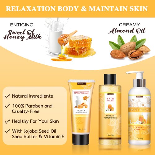 Gifts for Women, Birthday Gifts for Women, 9 Pc Almond Milk & Honey Bath and Body Gifts Set, Self Care Gifts Spa Gifts Basket, Relaxing Bath Sets for Mom, Girlfriend, Sister, Female Friends, Coworker
