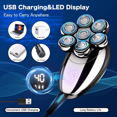 Head Shavers for Bald Men, Electric Razor for Men, IPX8 Waterproof Dry/Wet Bald Head Shaver with 10000 RPM High-Speed Motor, Rechargeable Head Razor with LED Display, Perfect for Home & Travel