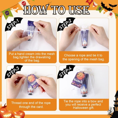 VESPRO 50 Sets Halloween Hand Cream Gift for Women, Hand Lotion for Halloween Party Favors with Halloween Cards and Organza Bags, Halloween Decorations and Bulk Halloween Gifts for Women
