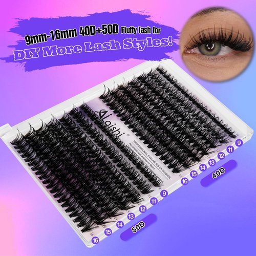 AILAISHI Lash Clusters Kit, DIY Cluster Eyelash Extensions 9‑16mm, 40D+50D, 280pcs Fluffy D Curl Natural Lashes with Bond & Seal,Remover,Tweezers,Brush–Fake Cat Eye Wispy Individual Clusters