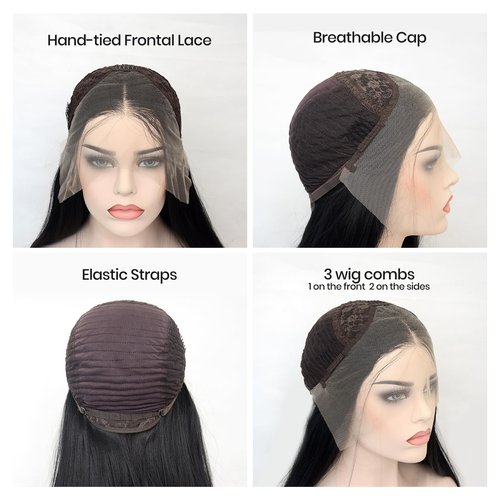 Jozlynn Black Synthetic Lace Front Wig Long Straight Preplucked Hairline Heat Resistant Glueless Wigs Free Parting for Women (Black, 22 inch)