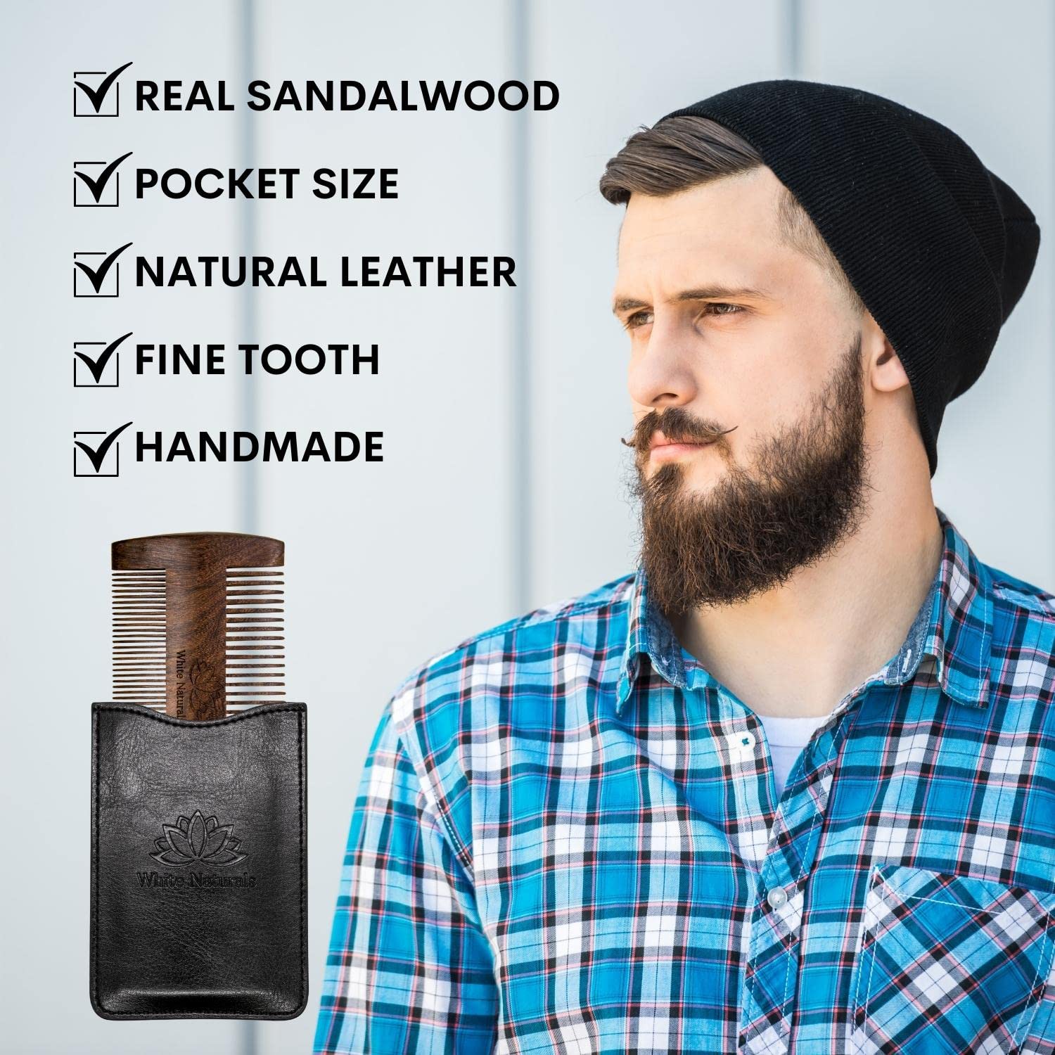 White Naturals Beard Comb for Men, Wooden Natural Sandalwood, Fine Dual Action Teeth, Handmade Premium Sandal Wood, Perfect for Balms and Oils, Includes PU Leather Case, Pocket Size