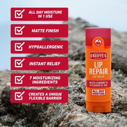 O'Keeffe's Lip Repair Lip Balm with Cherry & Vitamin E Oil - Stick (3 Pack) - Moisturizer for Extremely Cracked, Dry Lips