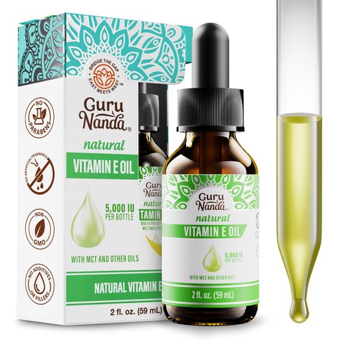 GuruNanda Pure & Natural Vitamin E Oil for Skin, Scars, Face, & Nails, 5,000 IU, With D-Alpha Tocopherol & MCT Oil to Help Enhance Absorption, Non-GMO & Vegan, 2 FlOz