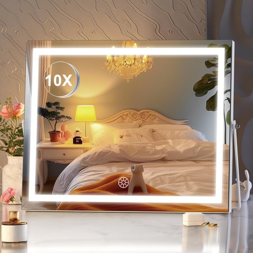 Hasipu Vanity Mirror with Lights, 17.7" x13.8” - 10X Magnification, Smart Touch 3 Color Modes, Brightness Control & 360° Rotation