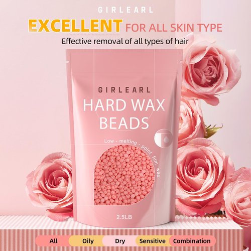 GIRLEARLE Hard Wax Beads for Hair Removal, 2.5lb, Rose Oil Infused, Brazilian Bikini Wax for Women Men, Sensitive Skin, Full Body Legs Face Underarms Waxing Beads