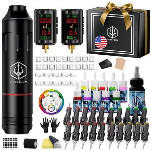 POSEIDON Cordless Tattoo Pen Kit with 2×1600mAh Batteries & Complete Starter Set | Professional Wireless Tattoo Machine for Beginners | Includes 20 Needles, Inks, Practice Skin