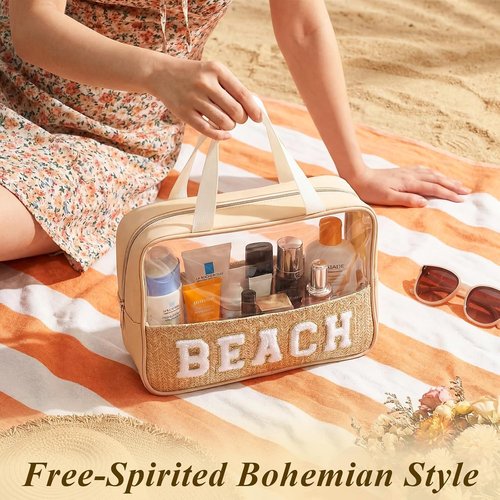 Kajaia Clear Beach Bag - Large Woven Transparent Makeup & Toiletry Organizer | Beige Chenille Letter Design
