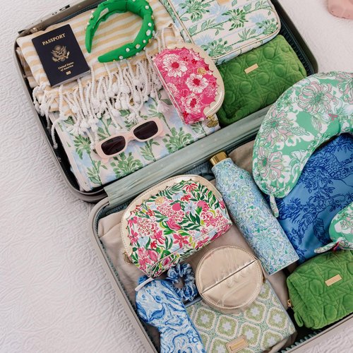 Lilly Pulitzer Gold Quilted Zipper Pouches, Cute Cosmetic Case for Women, Travel Toiletry Bag, Small Pouch Bag for Supplies, Set of 2, Makeup or Toiletries (Peninsula Green)