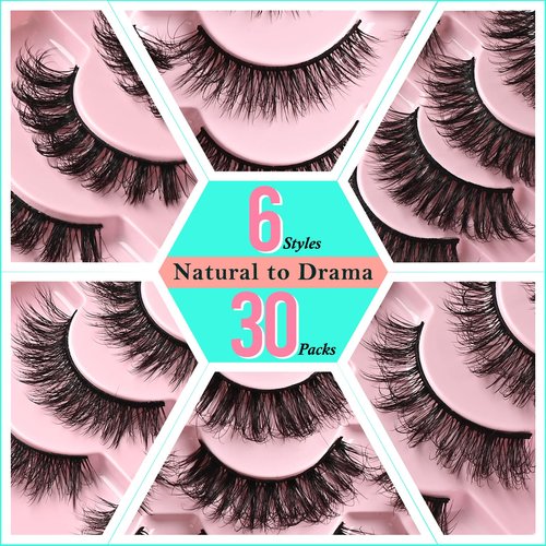FARRED Lashes Natural False Eyelashes 6 Styles Wispy Strip Lash Pack 30 Pairs Cat Eye Fake Mink Eyelash Strips Short Fluffy Wispies Easy Lashes for Beginners Eye Lash Natural Looking for Daily Makeup
