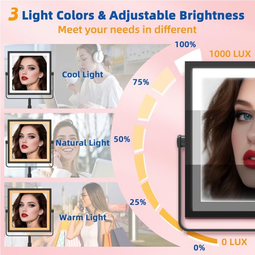 Ruacq Makeup Mirror with Lights, 4000mAh Rechargeable Magnifying Mirror with Light, 1X/10X, Height Adjustable Bathroom Vanity Mirror, 3 Colors, Adjustable Brightness (Matte Black)
