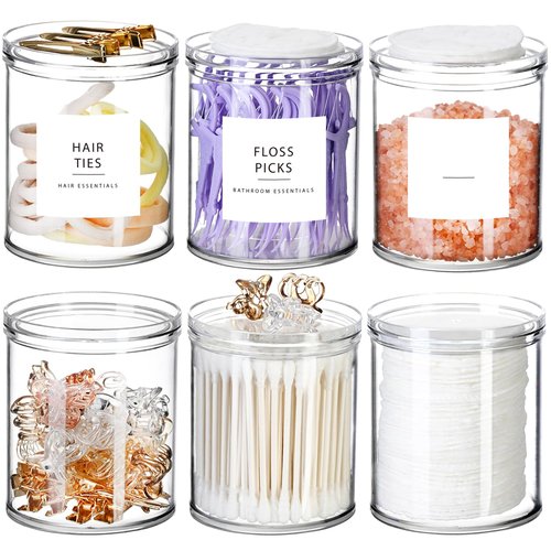 SheeChung 6-Pack Clear Stackable Qtip Holder Dispenser - Mixed (10oz & 12oz) Apothecary Jars with Storage Lids - Whole Home Bathroom Organization Set for Cotton Swabs, Balls, Pads