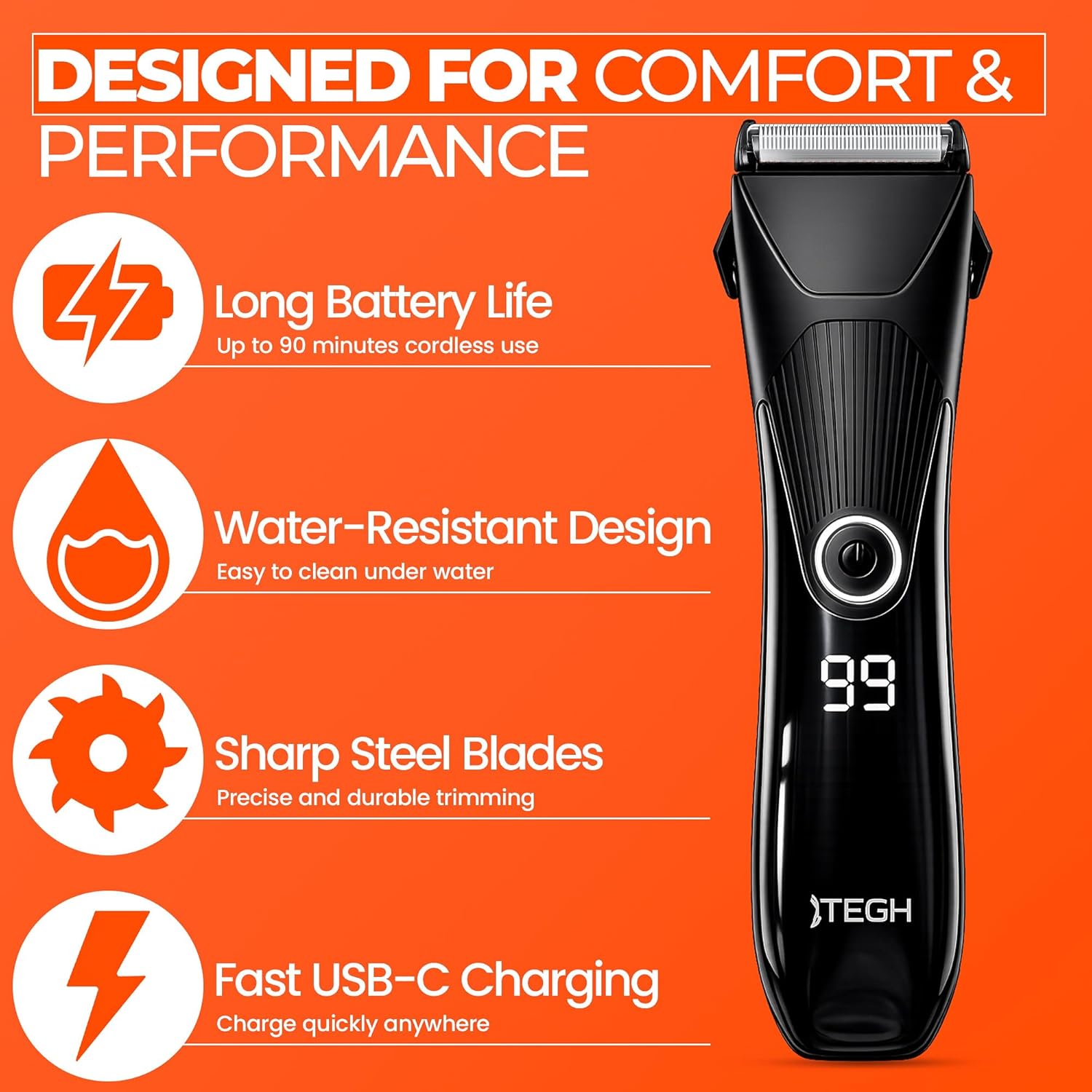 TEGH Men’s Beard & Hair Grooming Trimmer - Cordless, Waterproof, Rechargeable with Adjustable Guards