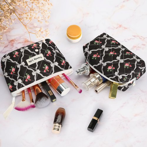 HAOGUAGUA 2 Pieces Makeup Bag, Small Large Quilted Cosmetic Bag, Travel Floral Make Up Toiletry Organizer Bag for Women Girls (2PCS STYLE A-5)