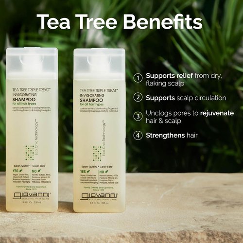 GIOVANNI Tea Tree Triple Treat Shampoo - Invigorating Formula with Peppermint, Eucalyptus & Rosemary, Strengthens Hair & Scalp, Paraben Free - 8.5 oz