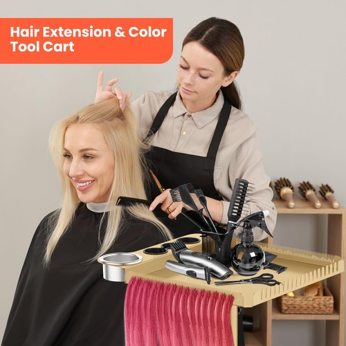 TASALON Gold Salon Tray on Wheels – Salon Rolling Tray Set with Magnetic Hair Dye Bowl, Heat-Resistant Tool Rack, Hair Extension Holder for Styling, Rolling Tool Cart & Hair Salon Station Organizer