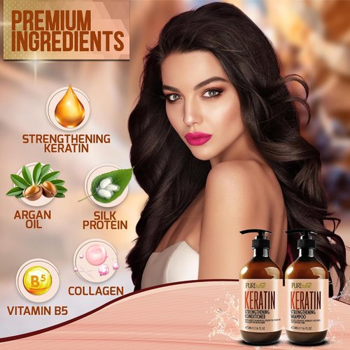 **Keratin Shampoo and Conditioner Set - Sulfate & Paraben Free Treatment for Dry, Curly Hair - Anti-Frizz, Collagen-Enriched Formula**