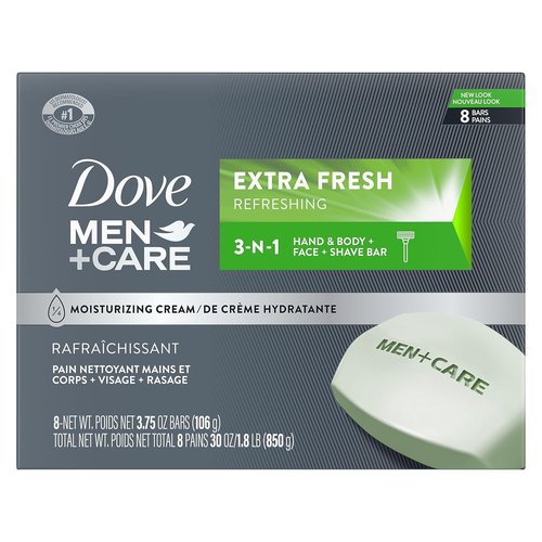 DOVE MEN + CARE 3-in-1 Bar Cleanser - Extra Fresh Hydrating Body, Face & Shaving Soap | 3.75 Ounce (Pack of 8)