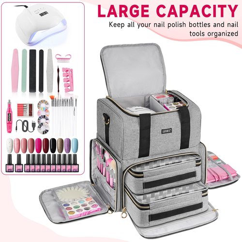 LEFOR·Z Nail Polish Organizer Holds 80 Bottles and a Lamp,Nail Polish Carrying Case with 2 Removable Bags,Nail Organizers and Storage for Nail Tech,Portable Nail Polish Holder for Nail Supplies,Grey