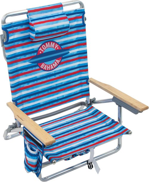 Tommy Bahama Folding Beach Chair - 5-Position Lay Flat Design, Aluminum Frame, Red, White & Blue Stripe