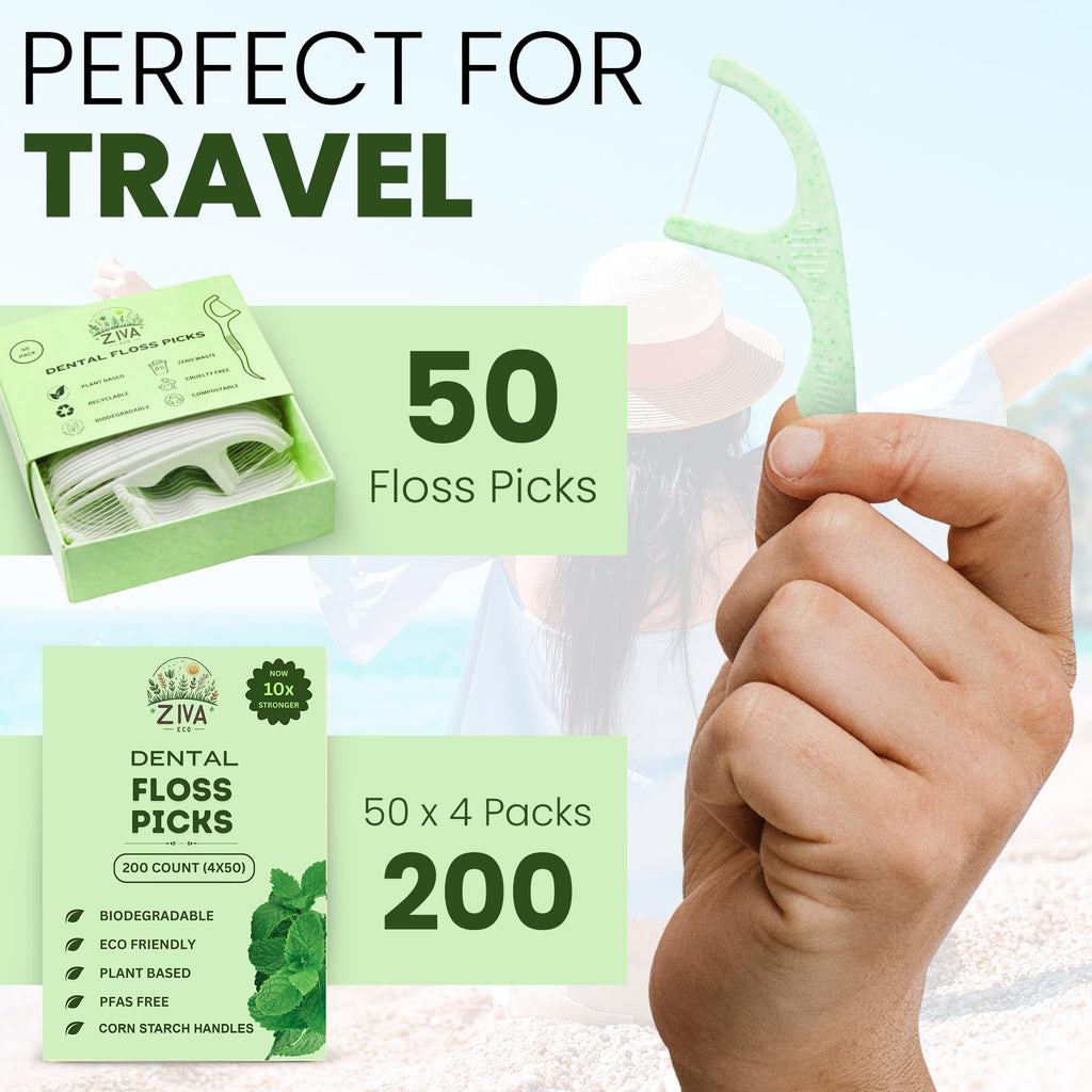 Ziva Eco Biodegradable Mint Dental Floss Picks – 200 Count (4 Packs of 50) | PFAS‑Free | Shred‑Resistant Mint Thread | Unbreakable Corn‑Starch Handle | for Tight Teeth & Daily Oral Care