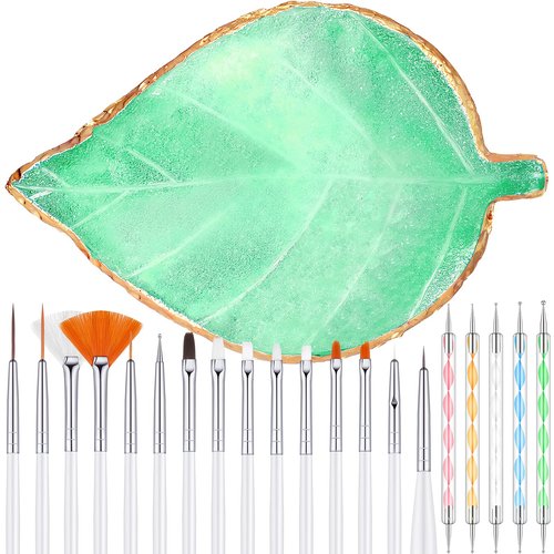 21 Pieces Nail Art Tools Kit, Resin Nail Art Palette Leaf Shape Mixing Palette and 20 Pcs Detail Brushes with Golden Edge Resin Holder Gel Polish Colors Mixing Pallet