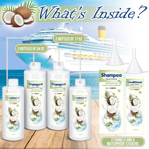 SiliFine 4 Pcs Extra Large Plastic Flask Kit 17 oz 34 oz Empty Shampoo Conditioner Bottles Funnel Flasks Kit Bottle Leak Proof Cruise Bottle Plastic Container, Bottles for Beach Cruise Ship Essentials