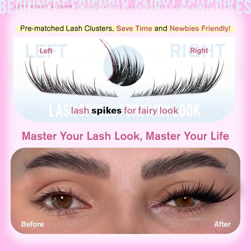 JIMIRE Wispy Lash Clusters Fairy Eyelash Clusters with Spikes 8-20MM LC Curl Cat Eye Cluster Eyelash Extensions with Bottom Lashes Clusters DIY Fox Eye Individual Lashes at Home 116Pcs Pack