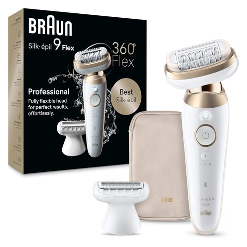 Braun Silk-épil 9 Flex Epilator - 360° Flex & Pivoting Head, Wet/Dry Use, Includes Shaver Head & Trimmer Comb, Tinted Gold